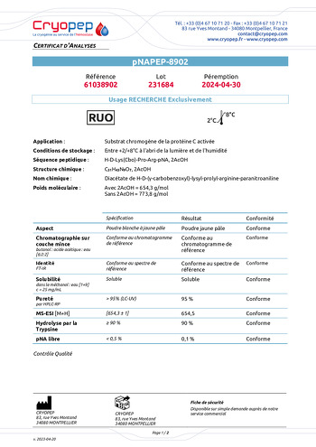 Certificat d'analyses pNAPEP-8902 Substrat chromogène de la protéine C activée